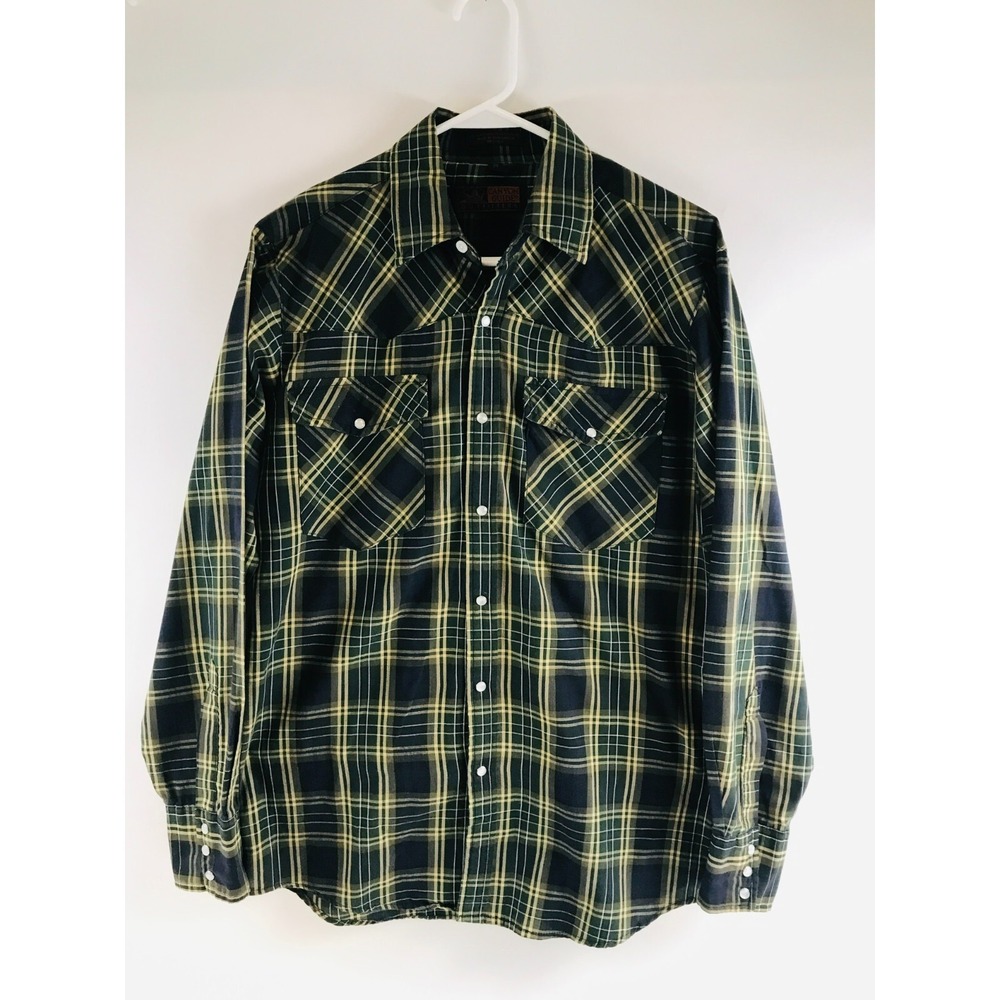 Canyon Guide Shirt Men's Medium Green Navy Blue Plaid Western pearl Snap Flaps